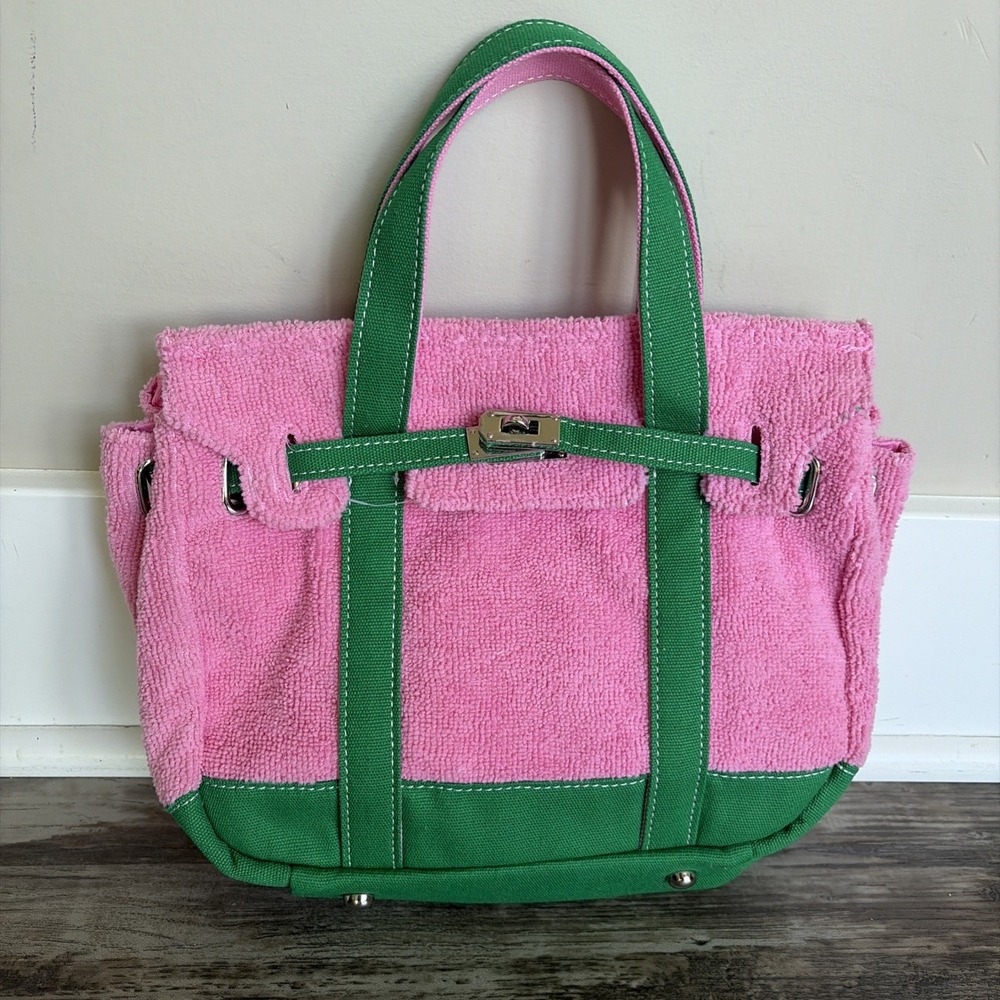 SUNWIN RARE Pink & Green Terry Cloth Small Boatkin style Tote Bag.